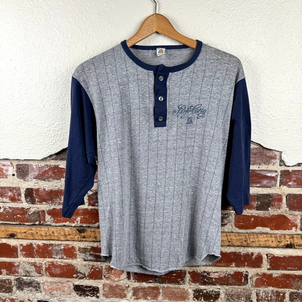 Vintage Baseball Shirt Size Large Grey Blue Half Sleeve Single Stitch Park City